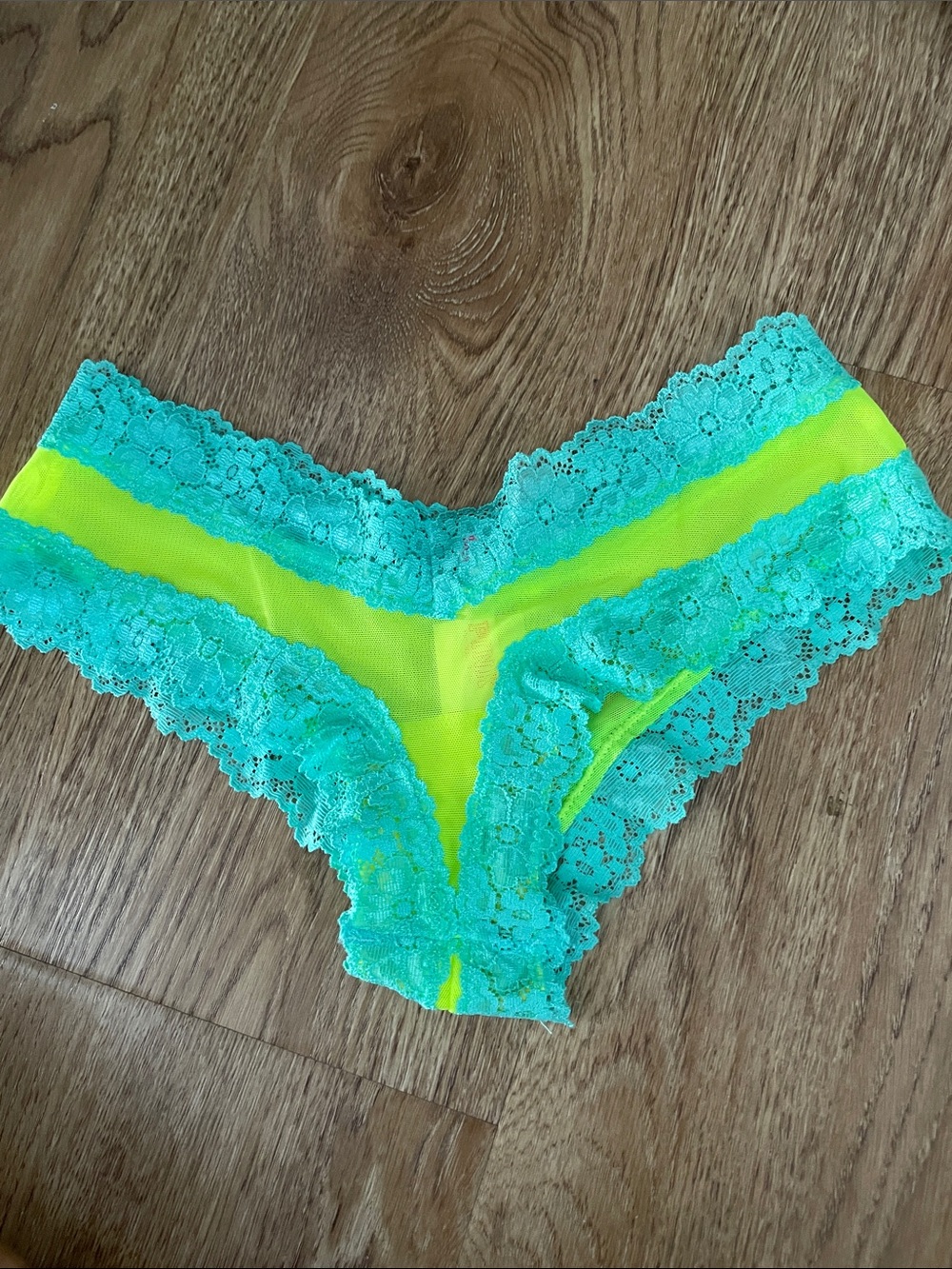 PINK Victoria's Secret Neon Yellow Hipster with Aqua Lace